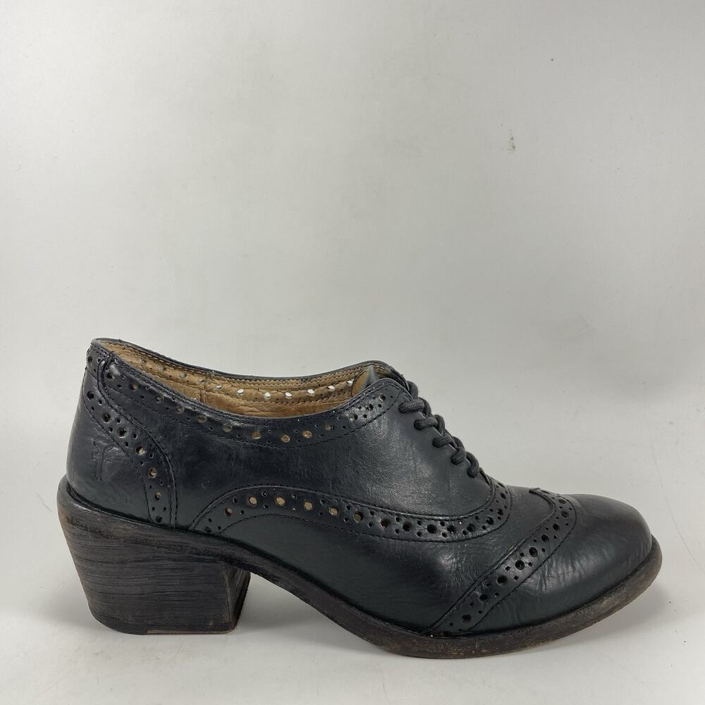 Frye Wingtip Oxford Shoes Womens Size 7 B Black Leather Brogue Lace Up Block